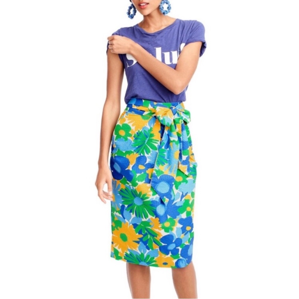 J. Crew Preppy Spring Floral Tie-Waist Midi Pencil Skirt in Blue & Green Size 6
